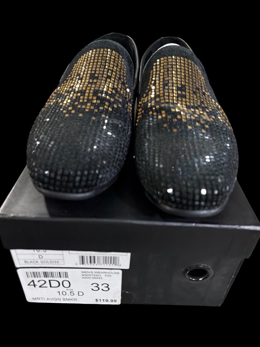 Men's Black and Gold Sequin Slip-On Loafers
